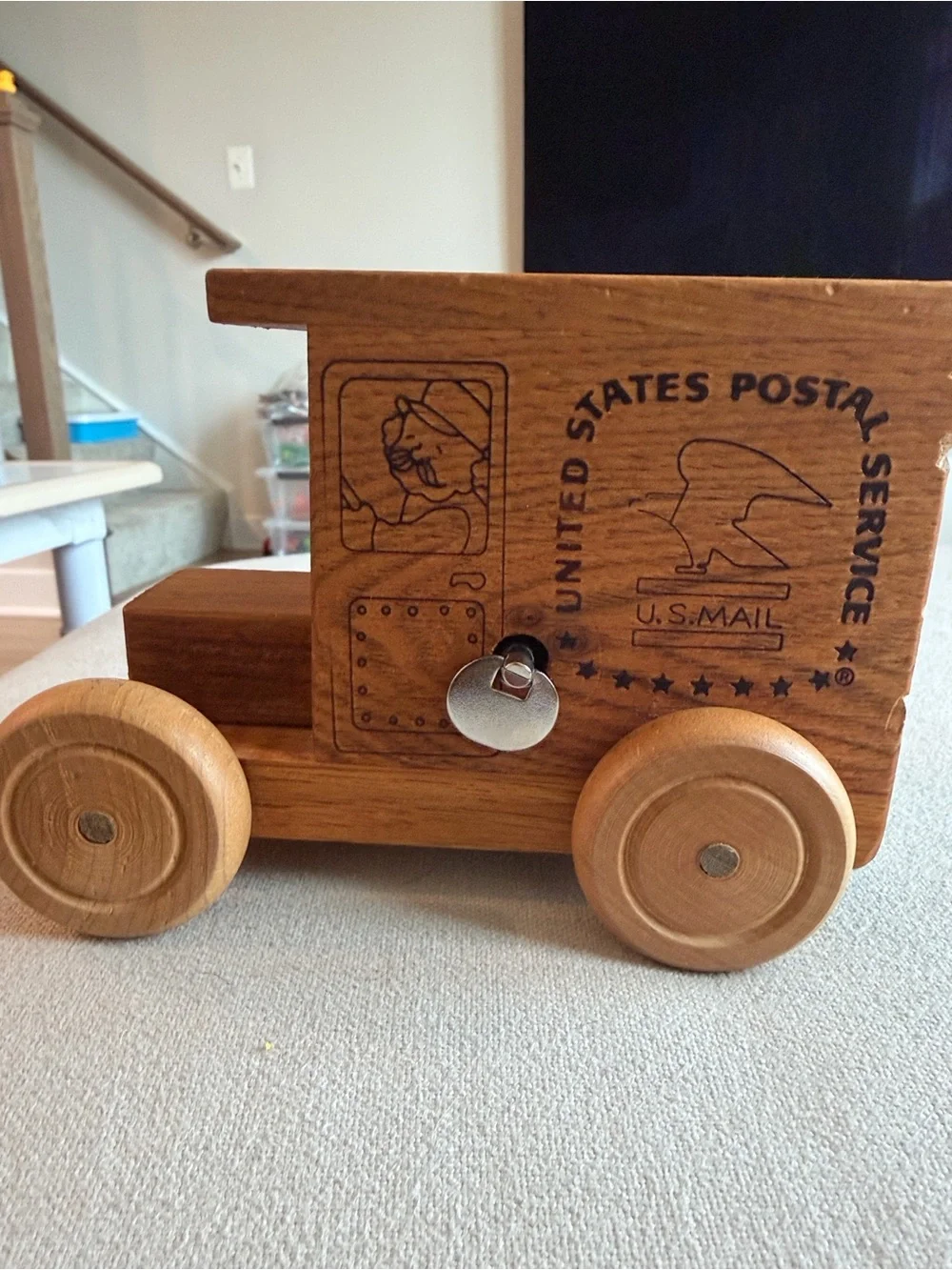 Vintage Wooden US Postal Service Mail Truck Toy music box - Natural Wood